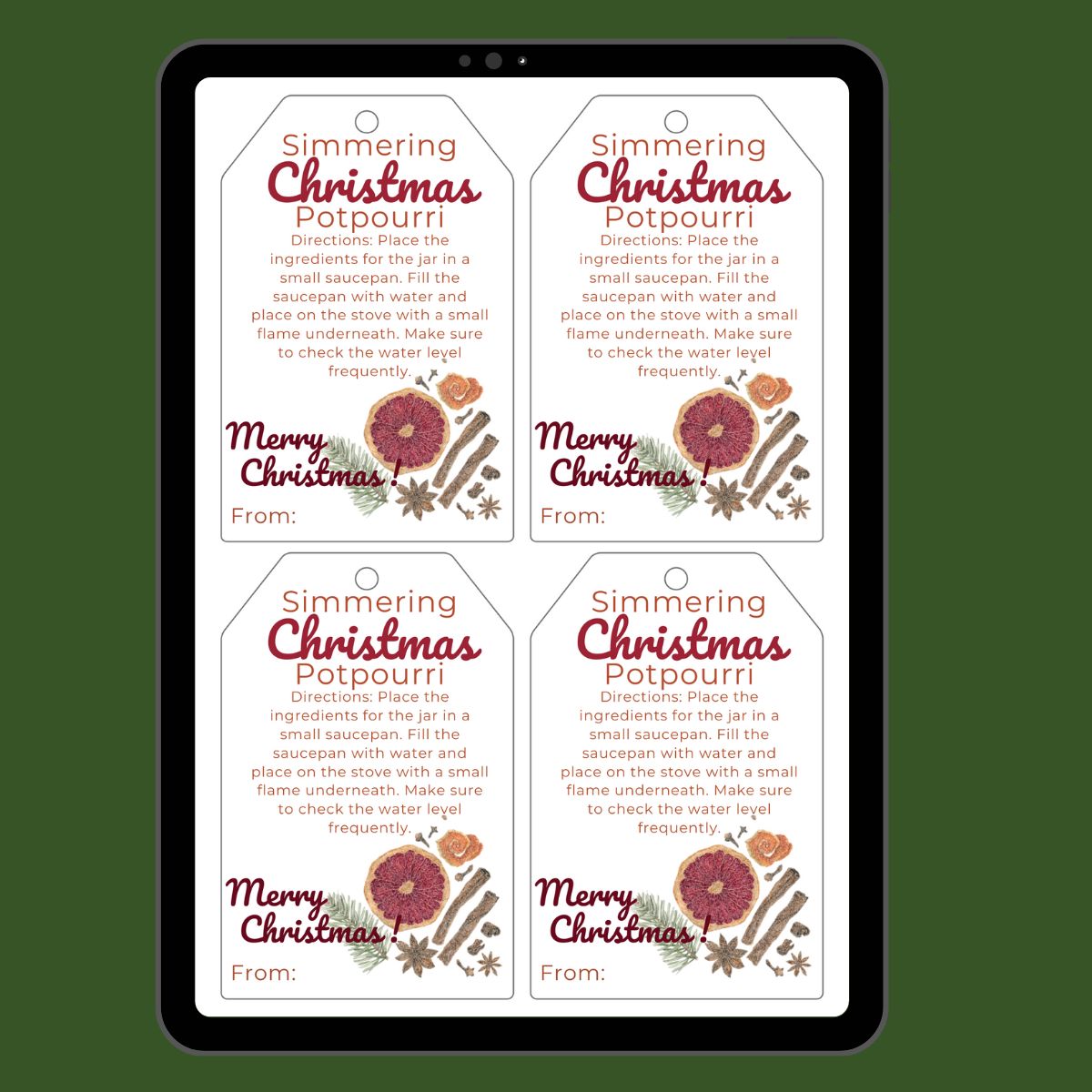 christmas simmering potpourri gift tags